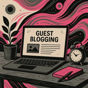 Illustration stylisée représentant la rédaction article invité SEO pour valoriser l’expertise et renforcer la visibilité en ligne.