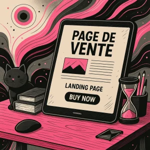 Écran d’ordinateur affichant la rédaction d'une page de vente, entouré d’accessoires de bureau, avec tablette, smartphone, pile de documents et plantes, dans un décor graphique texturé.