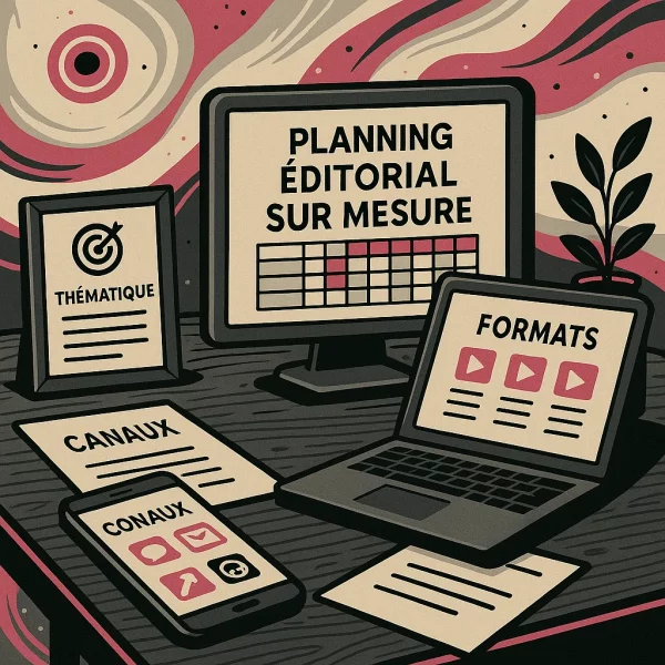 Illustration stylisée d’un bureau organisé autour de l'élaboration d’un planning éditorial : écran d’ordinateur affichant un tableau de publication, documents annotés, agenda ouvert, et décor structuré aux couleurs Lady Web Marketing.