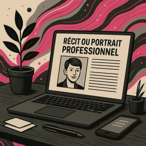 Illustration d’un ordinateur portable affichant la rédaction d'un portrait professionnel sur un bureau structuré, ambiance sobre et graphique