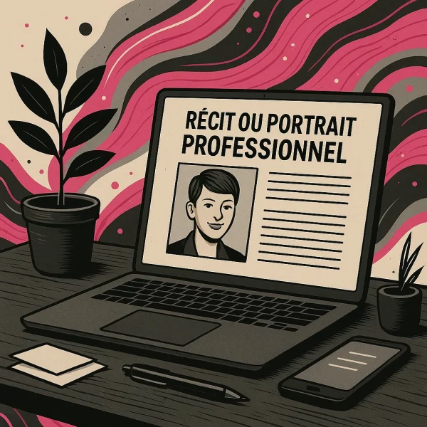 Illustration d’un ordinateur portable affichant la rédaction d'un portrait professionnel sur un bureau structuré, ambiance sobre et graphique