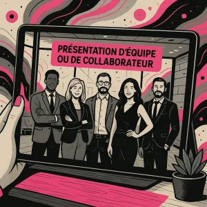 Illustration stylisée d’un groupe de personnes dans un cadre professionnel, posant pour une présentation équipe, avec arrière-plan structuré et palette graphique rose, noir, blanc et gris.