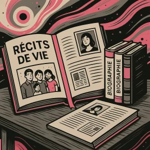 Rédaction récits de vie : illustration d’un livre rose marqué “Récit de vie” avec un marque-page, entouré d’une pile de livres “Biographie” et de documents illustrés.
