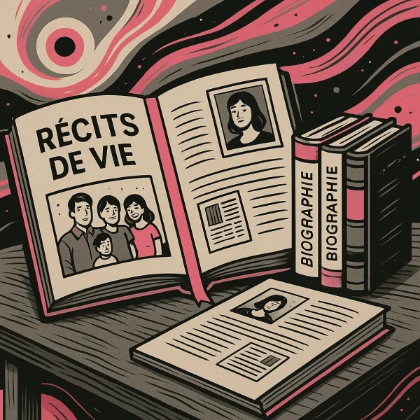 Rédaction récits de vie : illustration d’un livre rose marqué “Récit de vie” avec un marque-page, entouré d’une pile de livres “Biographie” et de documents illustrés.