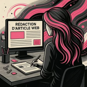 Illustration stylisée représentant un service de rédaction article web pour site internet.