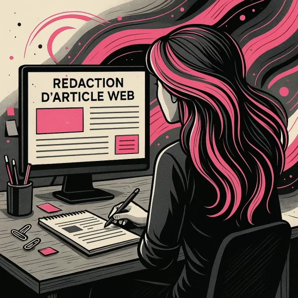 Illustration stylisée représentant un service de rédaction article web pour site internet.