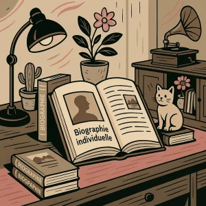 Rédaction biographie individuelle : illustration stylisée d’un bureau cosy avec un grand livre ouvert, livres annotés « biographie », lampe rétro, cactus, chat décoratif et meuble ancien avec gramophone.