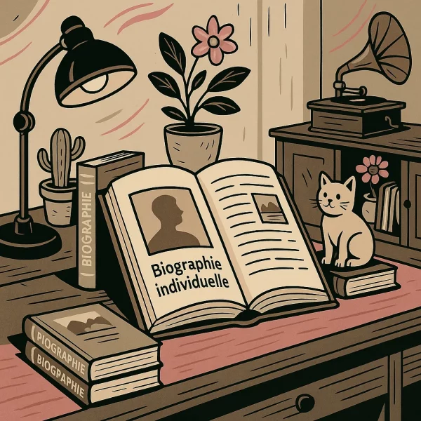 Rédaction biographie individuelle : illustration stylisée d’un bureau cosy avec un grand livre ouvert, livres annotés « biographie », lampe rétro, cactus, chat décoratif et meuble ancien avec gramophone.
