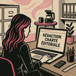 Illustration graphique d’une femme travaillant sur son ordinateur portable dans un bureau organisé. L’écran affiche « Rédaction charte éditoriale ». Autour d’elle : calculette, règle, pot à crayons, meubles à dossiers, armoire de classement, cafetière et mug dans une ambiance cohérente avec l’univers Lady Web Marketing.