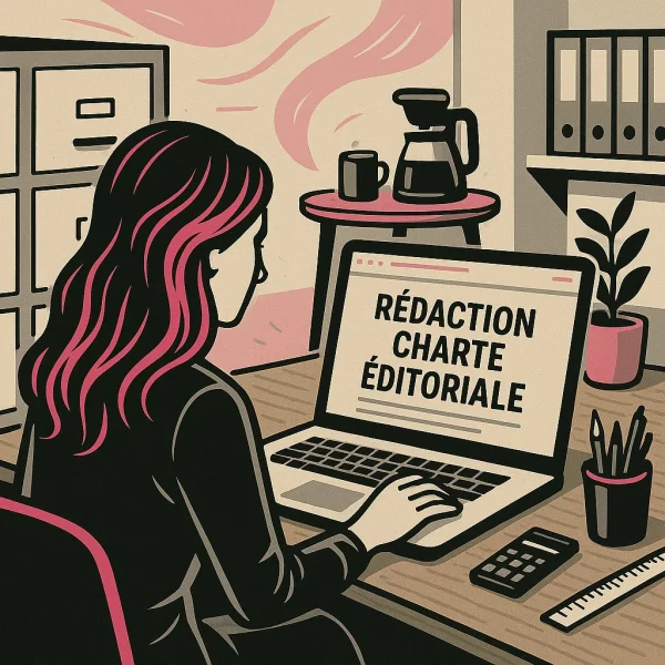 Illustration graphique d’une femme travaillant sur son ordinateur portable dans un bureau organisé. L’écran affiche « Rédaction charte éditoriale ». Autour d’elle : calculette, règle, pot à crayons, meubles à dossiers, armoire de classement, cafetière et mug dans une ambiance cohérente avec l’univers Lady Web Marketing.