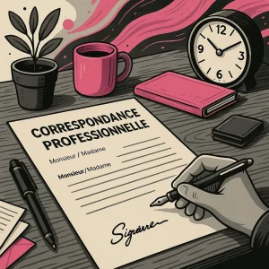 Une main d'homme signe une correspondance professionnelle sur un bureau agrémenté d'un pot de fleurs, avec une tasse à café et un réveil pour illustrer le service Rédaction de correspondance professionnelle