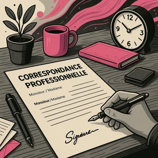 Une main d'homme signe une correspondance professionnelle sur un bureau agrémenté d'un pot de fleurs, avec une tasse à café et un réveil pour illustrer le service Rédaction de correspondance professionnelle