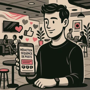 Jeune community manager dans un open space moderne, accoudé à une table haute avec son smartphone affichant “rédaction séquences de posts” et des réactions stylisées (likes, cœurs) s’en échappant.