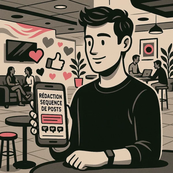 Jeune community manager dans un open space moderne, accoudé à une table haute avec son smartphone affichant “rédaction séquences de posts” et des réactions stylisées (likes, cœurs) s’en échappant.