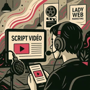 Personne de dos dans un studio d’enregistrement, casque sur la tête, micro de studio devant un écran affichant avec une rédaction de script vidéo. Affiches de cinéma au mur, ambiance pro et graphique.