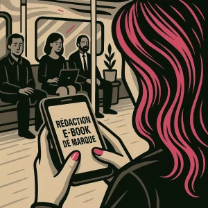 Illustration stylisée d’une scène de métro : une femme vue de dos tient un téléphone portable affichant « Rédaction e-book de marque ». L’ambiance mêle éléments urbains et graphiques, avec des touches de rose, gris clair et noir dans l’esprit Lady Web Marketing.
