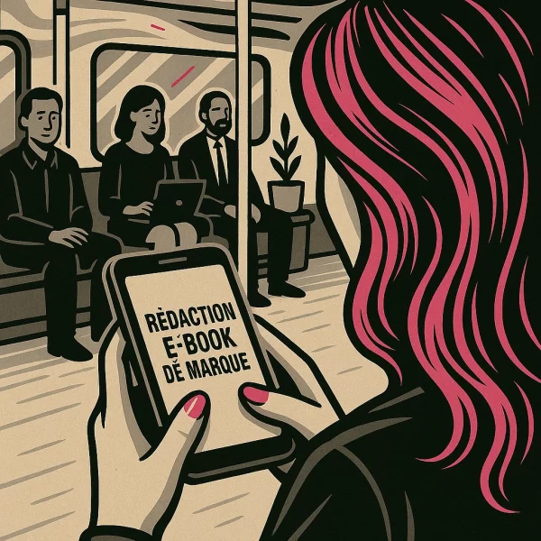 Illustration stylisée d’une scène de métro : une femme vue de dos tient un téléphone portable affichant « Rédaction e-book de marque ». L’ambiance mêle éléments urbains et graphiques, avec des touches de rose, gris clair et noir dans l’esprit Lady Web Marketing.