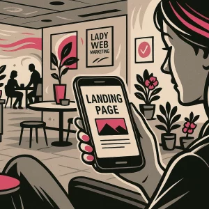 Femme assise dans une salle de pause d’entreprise, tenant un smartphone affichant « Landing Page ». Décor moderne avec tables, micro-ondes, machine à café, plantes vertes, mugs et affiches murales, dont une avec le logo Lady Web Marketing.
