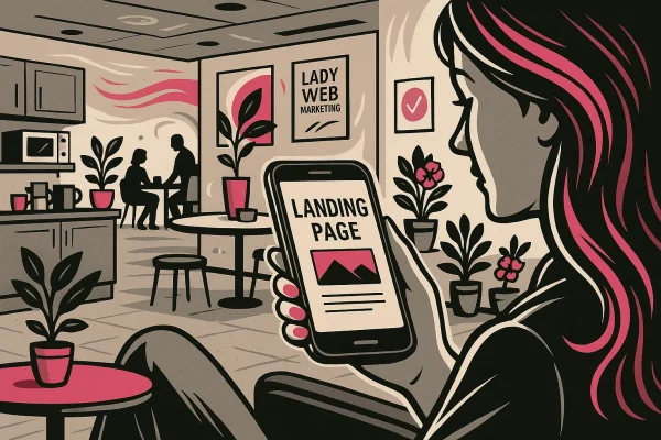Femme assise dans une salle de pause d’entreprise, tenant un smartphone affichant « Landing Page ». Décor moderne avec tables, micro-ondes, machine à café, plantes vertes, mugs et affiches murales, dont une avec le logo Lady Web Marketing.