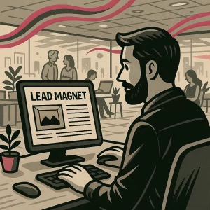 Homme dans un open space moderne, devant un ordinateur affichant une structure de rédaction lead magnet. Autour de lui : collègues, tables de travail, ambiance graphique texturée.