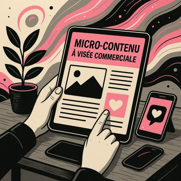 Bureau stylisé avec une personne regardant la rédaction micro contenu sur une tablette, entouré de post-it, carnets, stylos et téléphone portable. Décor structuré, ambiance claire et graphique.