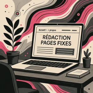 Illustration stylisée d’un écran d’ordinateur affichant une page fixe avec une plante à ses côtés, dans les tons rose, gris et noir.