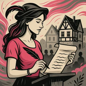 Rédaction Poésies et Poèmes : illustration d’une femme élégante lisant un poème à voix haute depuis une estrade, dans un décor médiéval stylisé Lady Web Marketing.