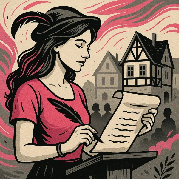 Rédaction Poésies et Poèmes : illustration d’une femme élégante lisant un poème à voix haute depuis une estrade, dans un décor médiéval stylisé Lady Web Marketing.