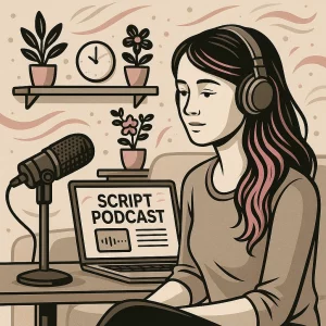 Femme assise dans son salon, devant un ordinateur qui affiche la rédaction de script podcast et un micro de studio. Décor cosy avec étagères, plantes et objets personnels.