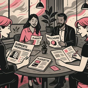 Illustration d’un open space avec quatre professionnels autour d’une table ronde, travaillant sur la rédaction de supports professionnels : imprimés type brochures et dépliants, dans l’univers Lady Web Marketing.