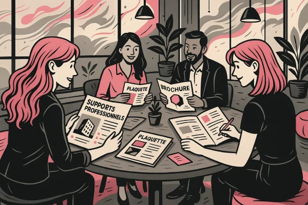 Illustration d’un open space avec quatre professionnels autour d’une table ronde, travaillant sur la rédaction de supports professionnels : imprimés type brochures et dépliants, dans l’univers Lady Web Marketing.