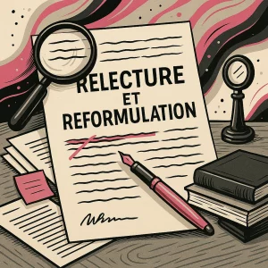 Illustration stylisée d’un bureau avec ordinateur, stylo, carnet et post-its, représentant un service de relecture, correction & réécriture professionnelle