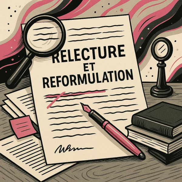 Illustration stylisée d’un bureau avec ordinateur, stylo, carnet et post-its, représentant un service de relecture, correction & réécriture professionnelle