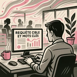 Illustration stylisée d’un open space : un homme vu de dos travaille sur un ordinateur affichant « Requête cible et mot clef » avec des barres d’occurrences et une interface de type analyse sémantique. L’ambiance graphique intègre des détails professionnels, plusieurs postes de travail et un décor cohérent avec l’univers Lady Web Marketing.