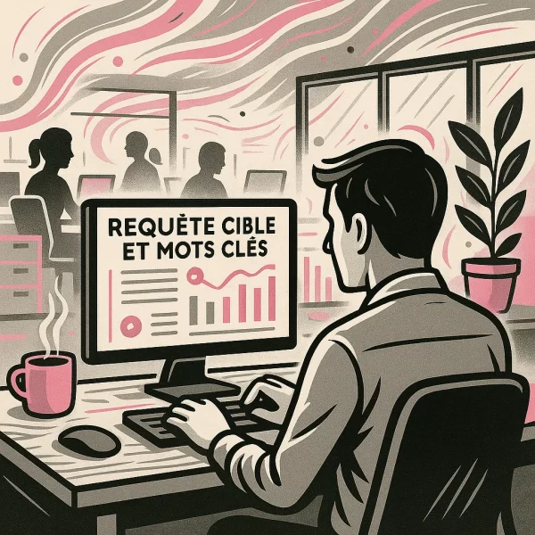 Illustration stylisée d’un open space : un homme vu de dos travaille sur un ordinateur affichant « Requête cible et mot clef » avec des barres d’occurrences et une interface de type analyse sémantique. L’ambiance graphique intègre des détails professionnels, plusieurs postes de travail et un décor cohérent avec l’univers Lady Web Marketing.