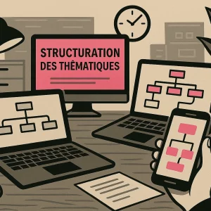 Illustration graphique d’un bureau organisé : deux écrans affichent “Structuration des thématiques” et une carte heuristique, un téléphone montre des étiquettes reliées, dans un décor de travail moderne et structuré.