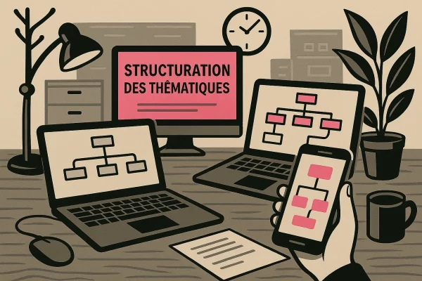 Illustration graphique d’un bureau organisé : deux écrans affichent “Structuration des thématiques” et une carte heuristique, un téléphone montre des étiquettes reliées, dans un décor de travail moderne et structuré.