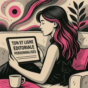 Illustration stylisée d’un bureau éditorial moderne : une femme relit un document sur ordinateur, entourée d’éléments graphiques évoquant la rédaction, le style et la stratégie de contenu avec la personnalisation ligne éditoriale