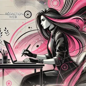 femme rédaction web Illustration représentant une femme aux longs cheveux noirs et roses concentrée en train d’écrire sur un ordinateur portable, ambiance professionnelle et douce.