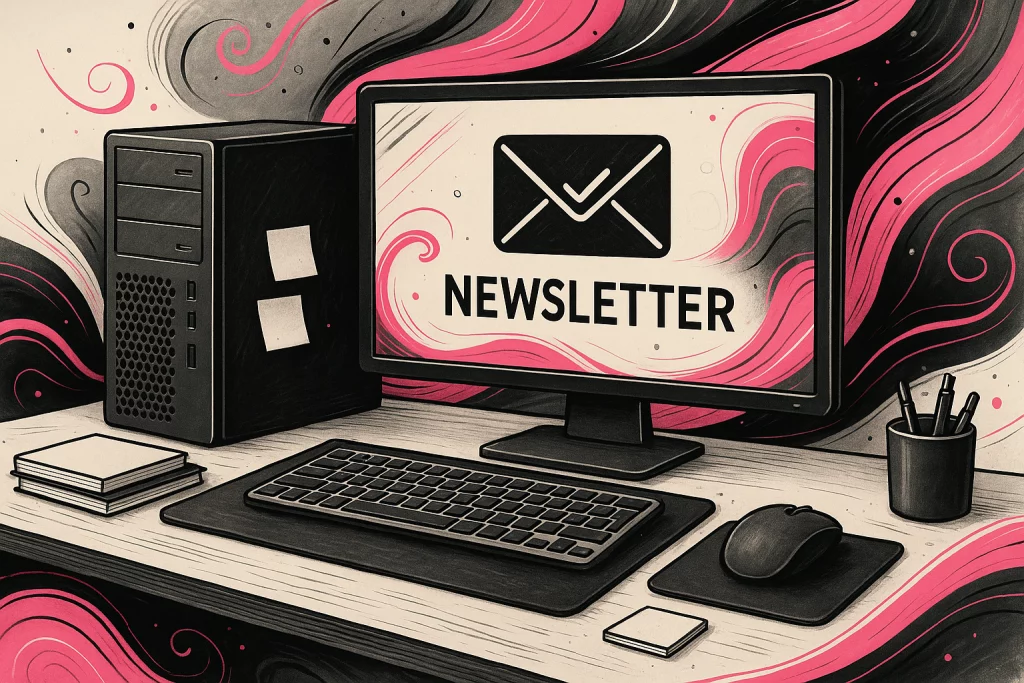 Un ordinateur de bureau avec sur l'écran une enveloppe et le texte newsletter marketing de contenu