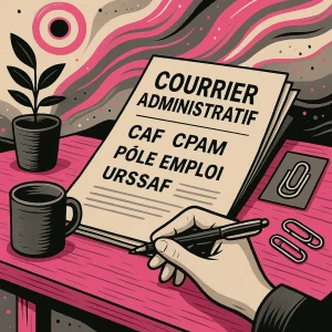 Main de femme tenant un stylo prête pour la rédaction de courrier administratif, sur un bureau avec tasse, trombones, feuilles mentionnant CPAM, URSSAF, Pôle emploi.