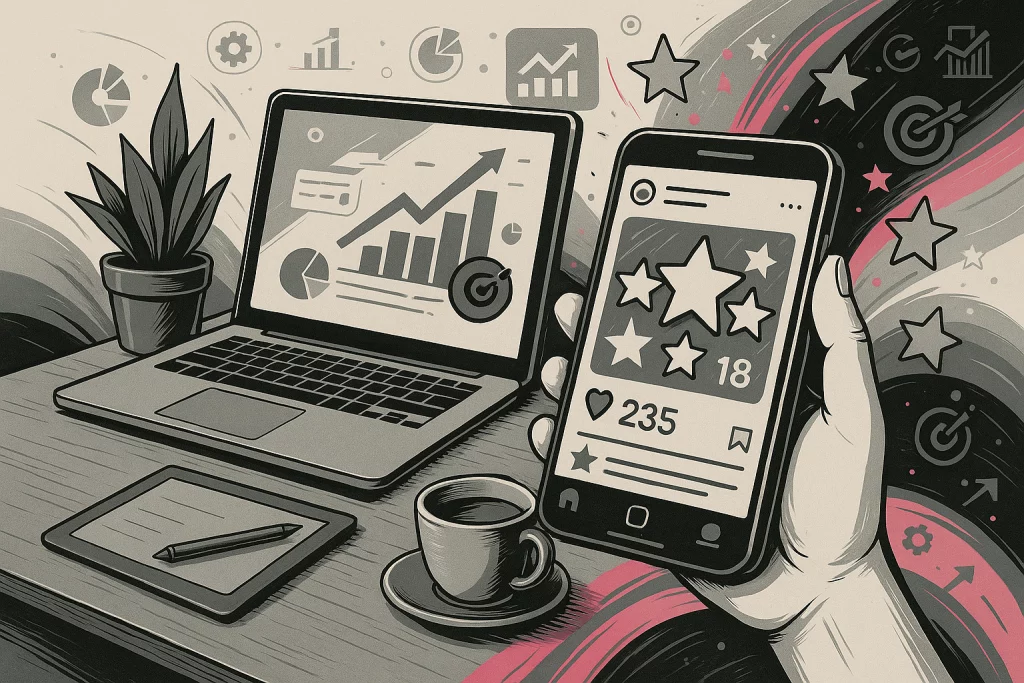Un ordinateur portable sur un bureau et un téléphone portable dans une main d'où des chiffres, des statistiques et des évaluations ressortent des écrans qui illustre la page de témoignages et réalisations de lady web marketing