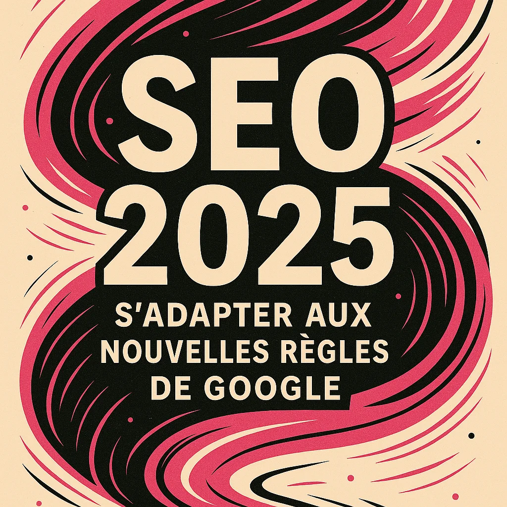 SEO 2025 : illustration graphique avec le titre entouré de spirales rose, noir et blanc dans le style Lady Web Marketing.