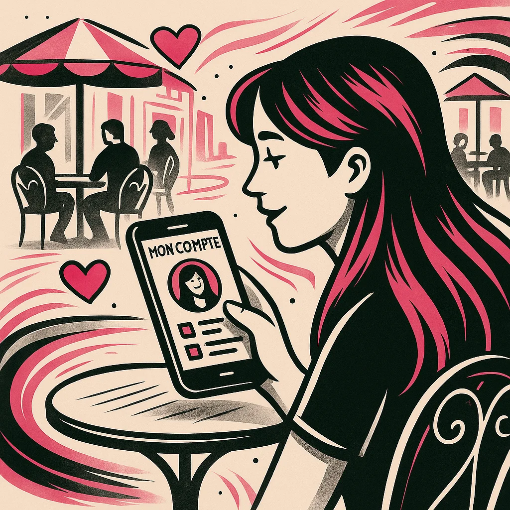 Personne assise en terrasse avec téléphone affichant la page Mon Compte, ambiance bistrot stylisée, dans l’univers Lady Web Marketing